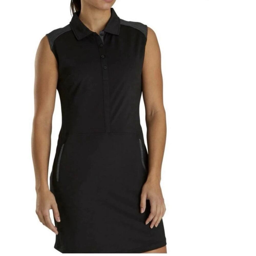 FJ FootJoy Medium Black Cap Sleeve Button Athletic Shirt Dress Knee Zip Pockets